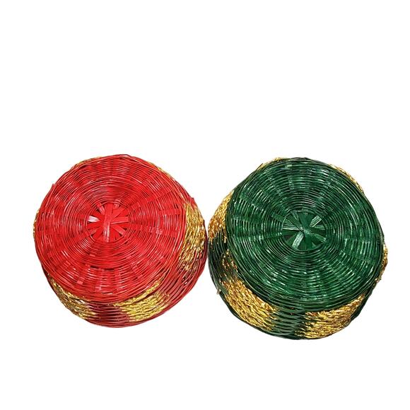 2 Wicker Baskets Red Green & Gold Christmas Colors Decorative Xmas Vtg - Picture 7 of 10